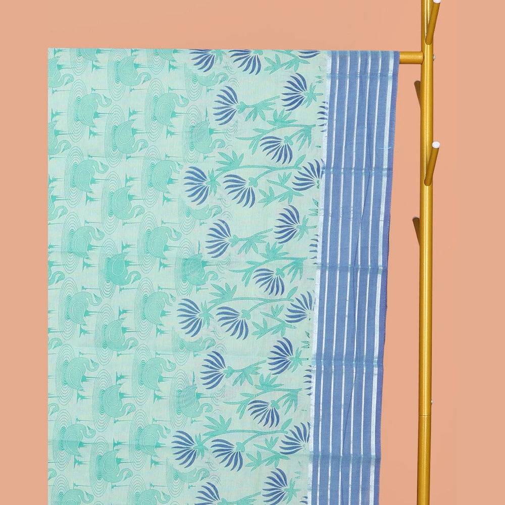 Pothys Pale Blue Chirala Cotton Saree, Decked Up with Swan and Floral Print, Contrast Striped Border, Floral Printed Pallu, and a Matching Blouse