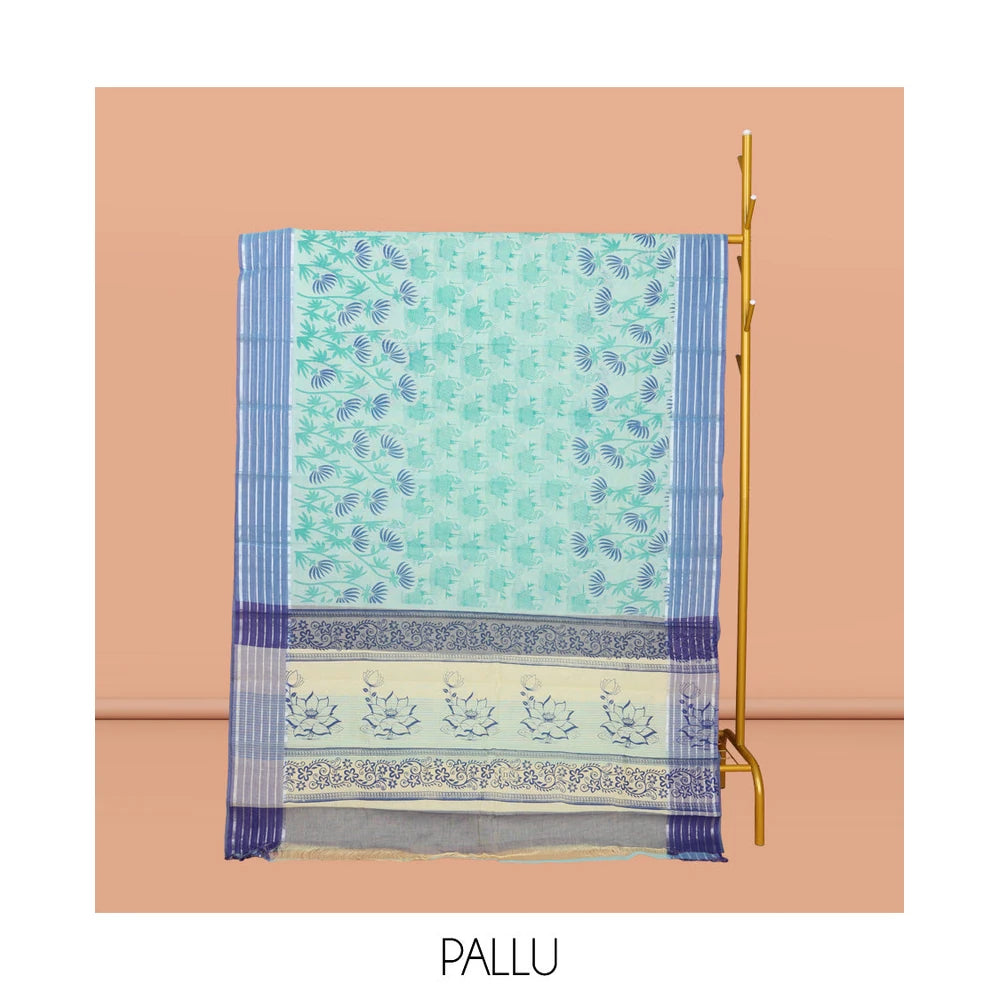 Pothys Pale Blue Chirala Cotton Saree, Decked Up with Swan and Floral Print, Contrast Striped Border, Floral Printed Pallu, and a Matching Blouse