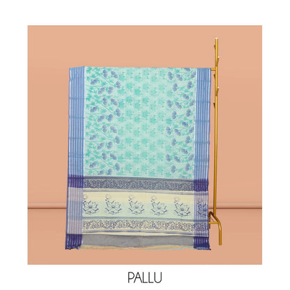 Pothys Pale Blue Chirala Cotton Saree, Decked Up with Swan and Floral Print, Contrast Striped Border, Floral Printed Pallu, and a Matching Blouse