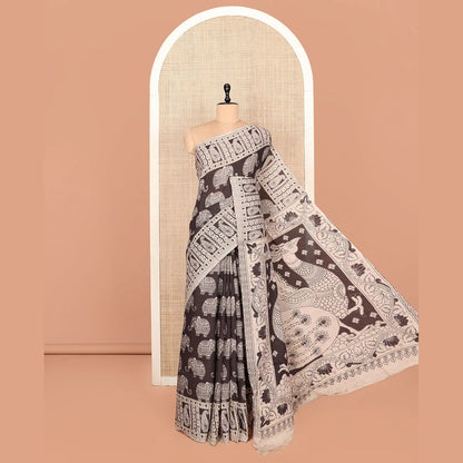 Pothys Black Kalamkari Cotton Saree, Decked Up with Elephant Motifs Print, Contrast Paisley Border, Pallu of Peacock Motifs, and a Matching Blouse