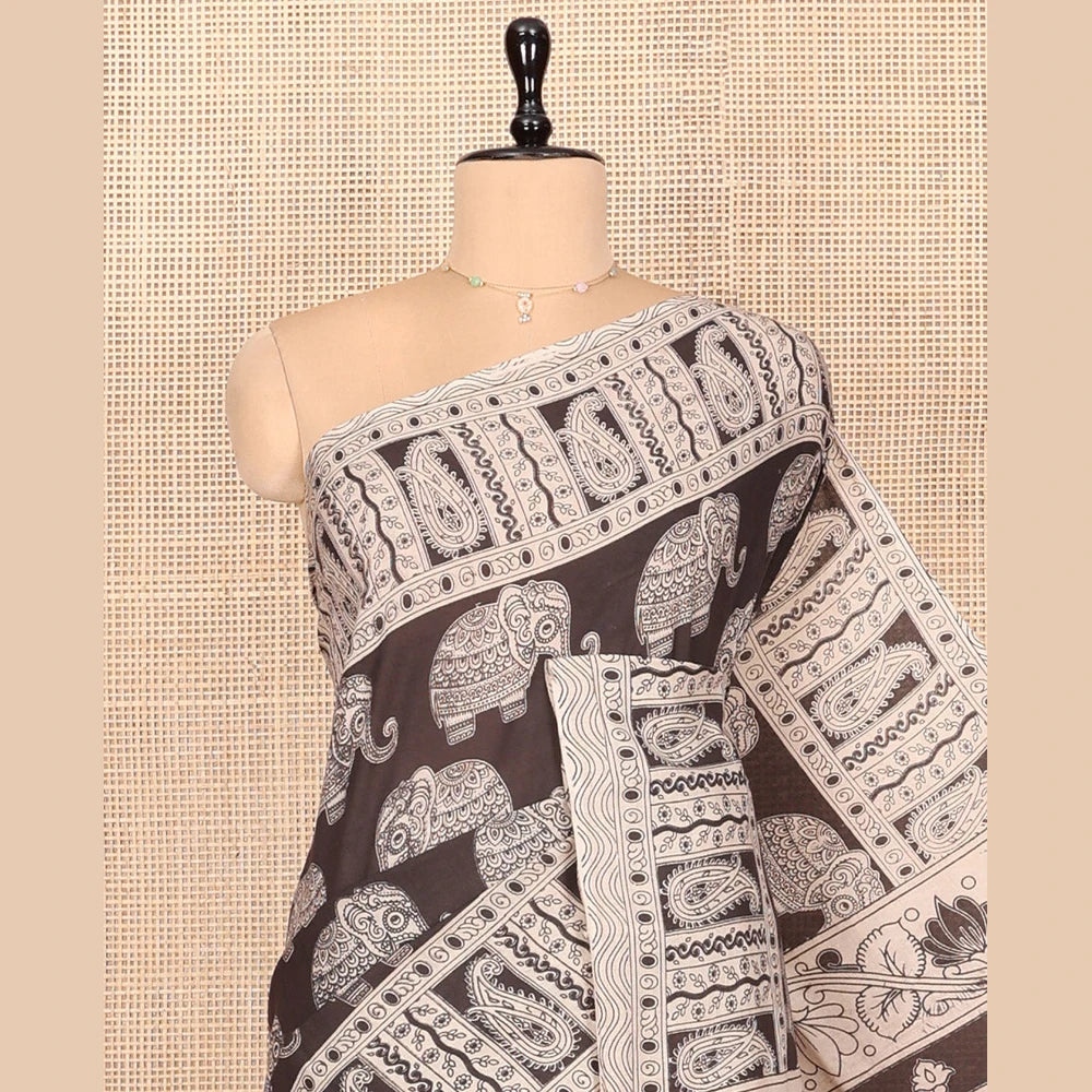 Pothys Black Kalamkari Cotton Saree, Decked Up with Elephant Motifs Print, Contrast Paisley Border, Pallu of Peacock Motifs, and a Matching Blouse