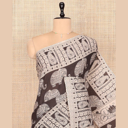 Pothys Black Kalamkari Cotton Saree, Decked Up with Elephant Motifs Print, Contrast Paisley Border, Pallu of Peacock Motifs, and a Matching Blouse