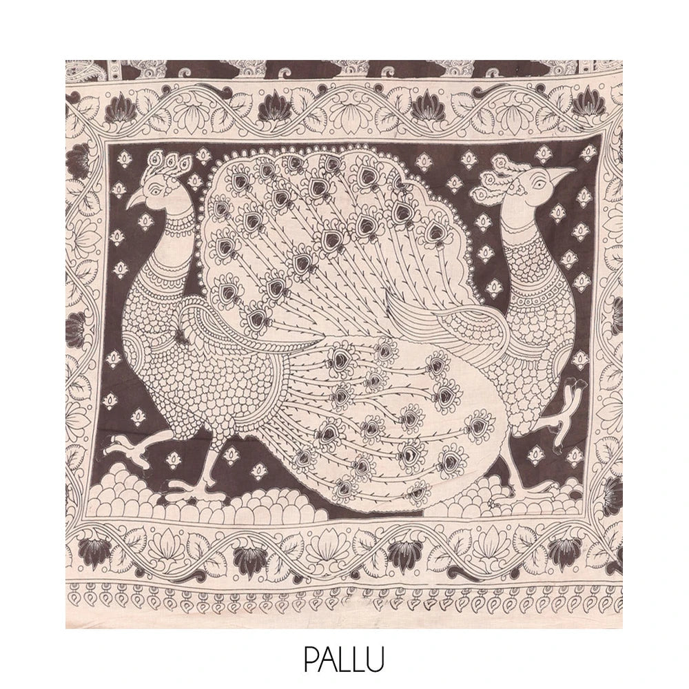 Pothys Black Kalamkari Cotton Saree, Decked Up with Elephant Motifs Print, Contrast Paisley Border, Pallu of Peacock Motifs, and a Matching Blouse