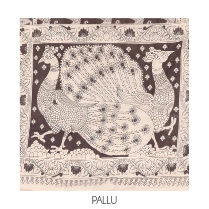 Pothys Black Kalamkari Cotton Saree, Decked Up with Elephant Motifs Print, Contrast Paisley Border, Pallu of Peacock Motifs, and a Matching Blouse