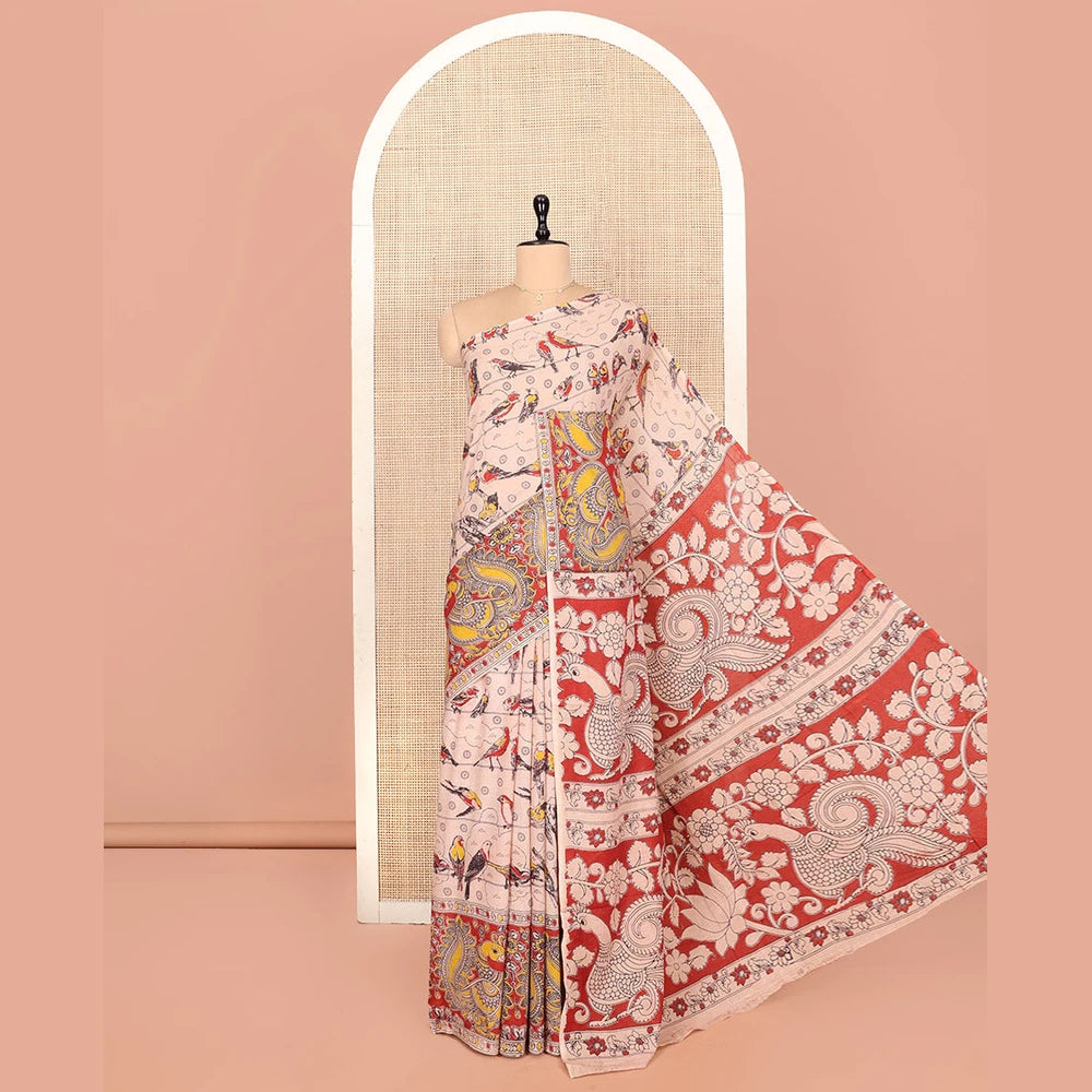 Pothys Sandal Kalamkari Cotton Saree, Crafted with Bird Motifs Print, Contrast Peacock Border, Pallu of Peacock Print, and a Matching Blouse