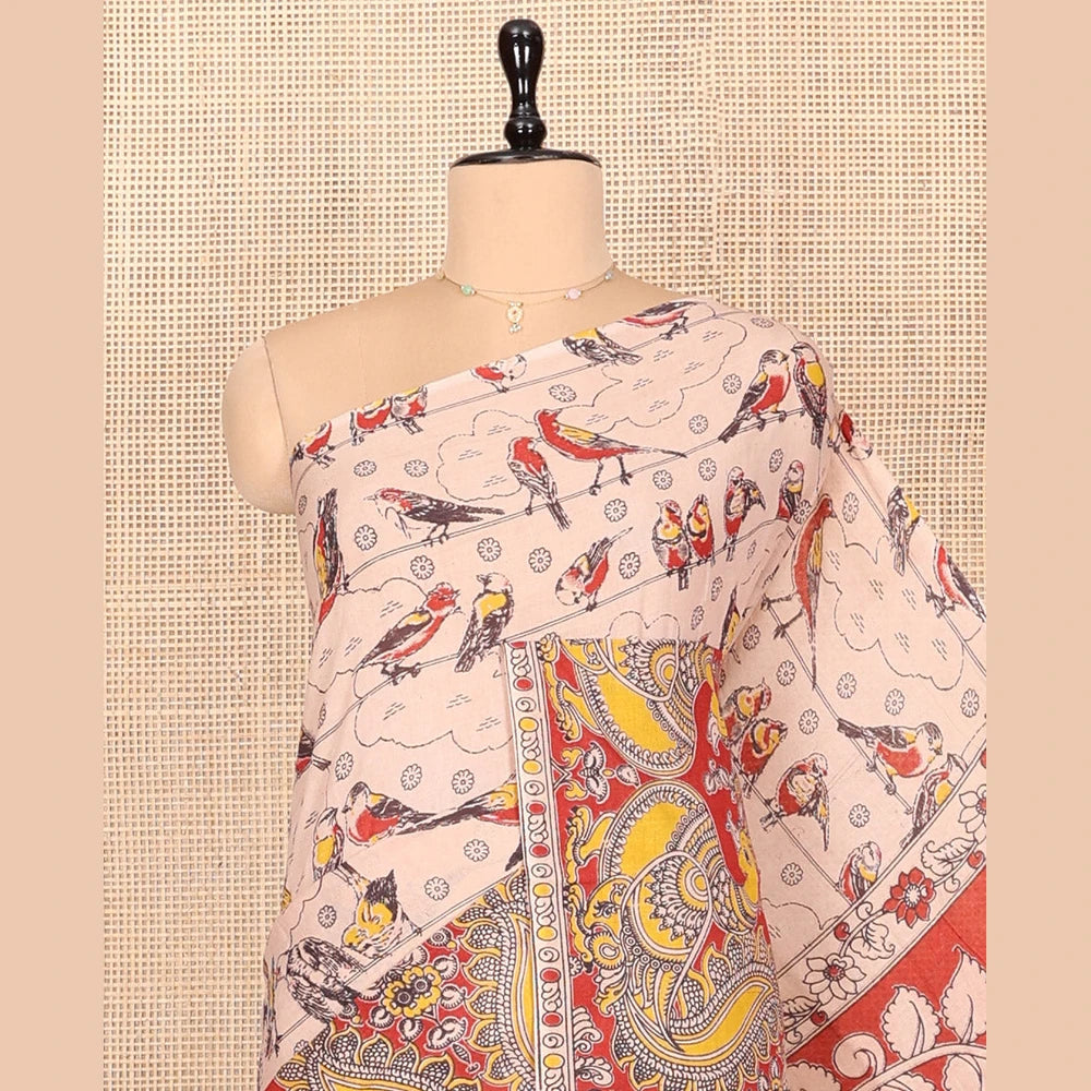 Pothys Sandal Kalamkari Cotton Saree, Crafted with Bird Motifs Print, Contrast Peacock Border, Pallu of Peacock Print, and a Matching Blouse