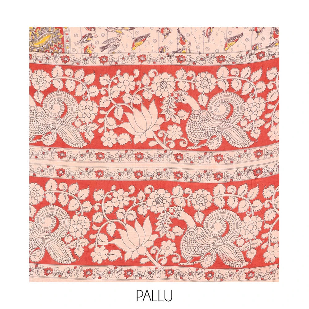 Pothys Sandal Kalamkari Cotton Saree, Crafted with Bird Motifs Print, Contrast Peacock Border, Pallu of Peacock Print, and a Matching Blouse