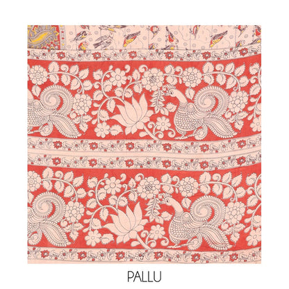 Pothys Sandal Kalamkari Cotton Saree, Crafted with Bird Motifs Print, Contrast Peacock Border, Pallu of Peacock Print, and a Matching Blouse