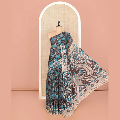 Pothys Black Kalamkari Cotton Saree, Impeccably Styled with Floral Vine Print, Contrast Floral Printed Border, Pallu of Peacock Motifs, and a Matching Blouse