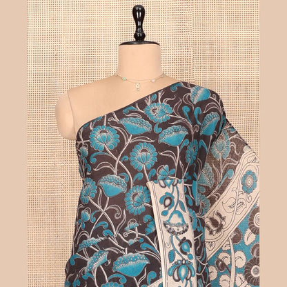 Pothys Black Kalamkari Cotton Saree, Impeccably Styled with Floral Vine Print, Contrast Floral Printed Border, Pallu of Peacock Motifs, and a Matching Blouse