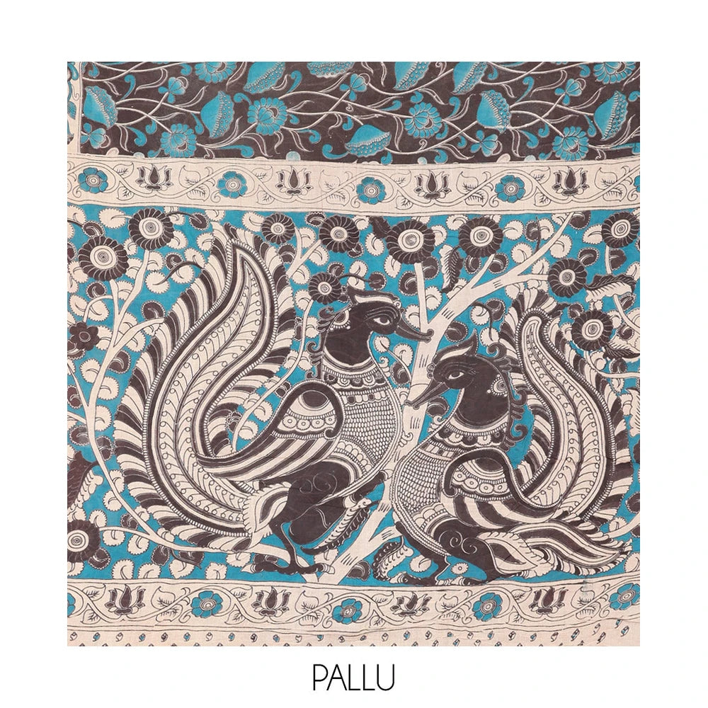 Pothys Black Kalamkari Cotton Saree, Impeccably Styled with Floral Vine Print, Contrast Floral Printed Border, Pallu of Peacock Motifs, and a Matching Blouse