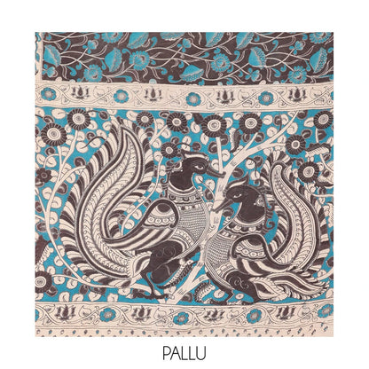 Pothys Black Kalamkari Cotton Saree, Impeccably Styled with Floral Vine Print, Contrast Floral Printed Border, Pallu of Peacock Motifs, and a Matching Blouse