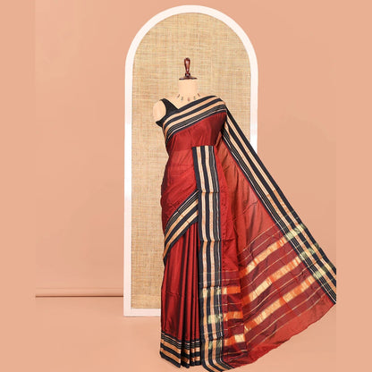 Pothys Maroon Plain Mercerised Cotton Saree, Contrast Traditional Thread Temple Border, Striped Pallu, and a Matching Blouse