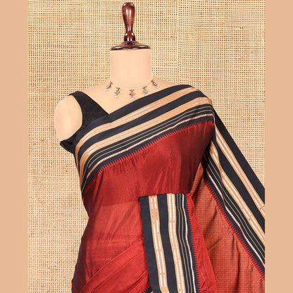 Pothys Maroon Plain Mercerised Cotton Saree, Contrast Traditional Thread Temple Border, Striped Pallu, and a Matching Blouse