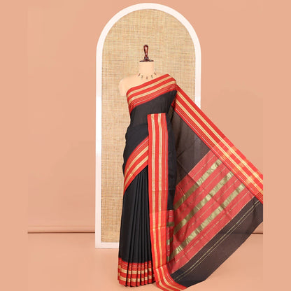 Pothys Black-Red Plain Mercerised Cotton Saree, Contrast Traditional Thread Temple Border, Striped Pallu, and a Matching Blouse