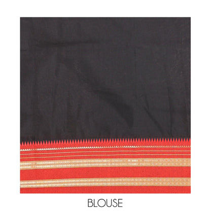 Pothys Black-Red Plain Mercerised Cotton Saree, Contrast Traditional Thread Temple Border, Striped Pallu, and a Matching Blouse