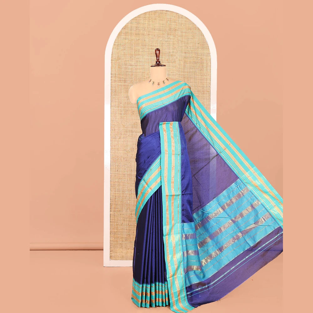 Pothys Royal Blue Plain Mercerised Cotton Saree, Contrast Traditional Thread Temple Border, Striped Pallu, and a Matching Blouse
