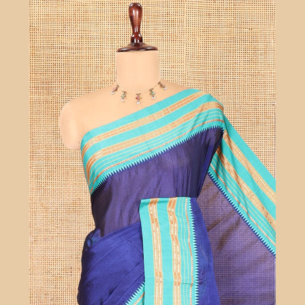 Pothys Royal Blue Plain Mercerised Cotton Saree, Contrast Traditional Thread Temple Border, Striped Pallu, and a Matching Blouse