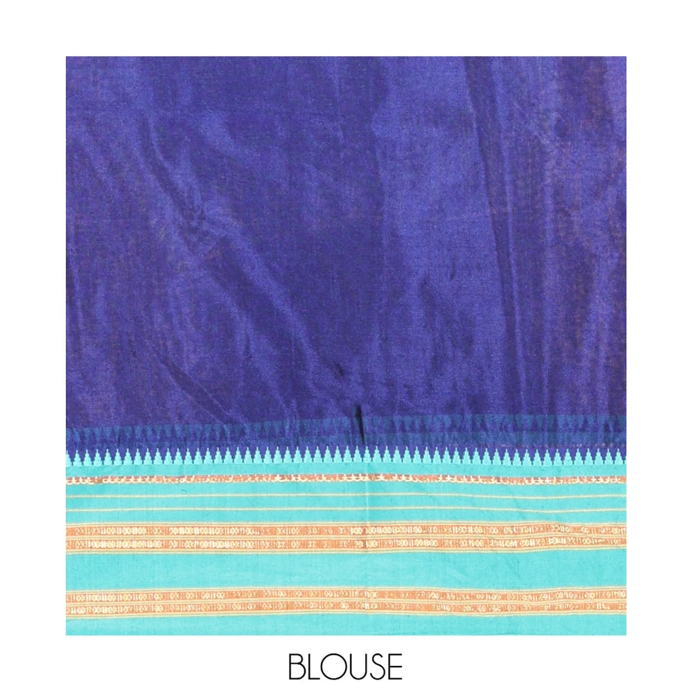 Pothys Royal Blue Plain Mercerised Cotton Saree, Contrast Traditional Thread Temple Border, Striped Pallu, and a Matching Blouse