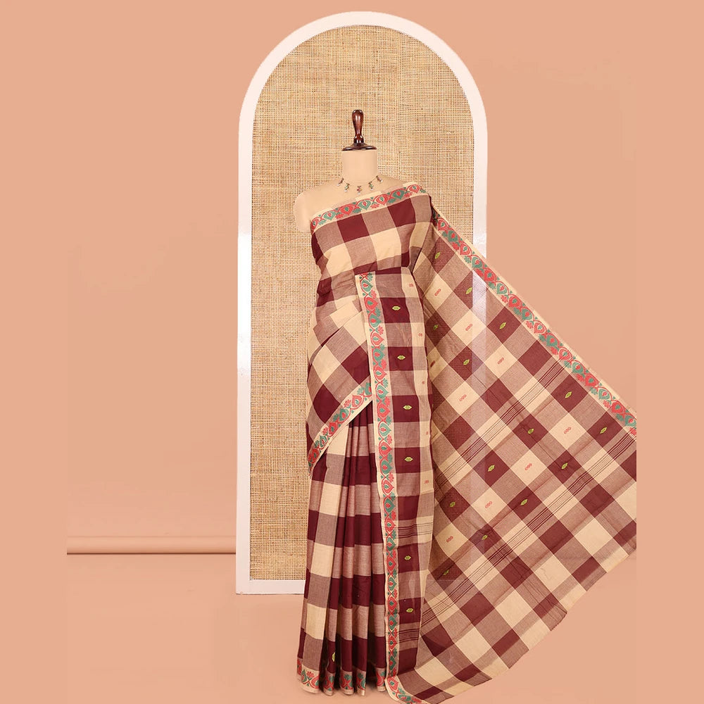 Pothys Chikku-Maroon Checked Chettinad Cotton Saree, Adorned with Buttas, Thread-Woven Border, a Self-Pallu, and No Blouse
