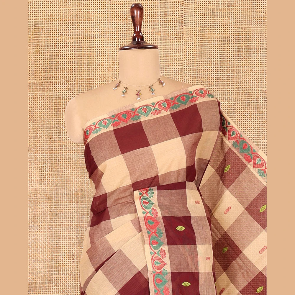 Pothys Chikku-Maroon Checked Chettinad Cotton Saree, Adorned with Buttas, Thread-Woven Border, a Self-Pallu, and No Blouse