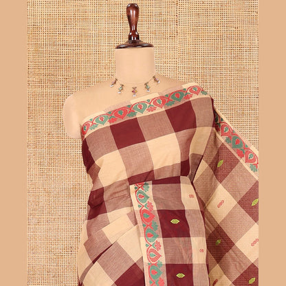 Pothys Chikku-Maroon Checked Chettinad Cotton Saree, Adorned with Buttas, Thread-Woven Border, a Self-Pallu, and No Blouse