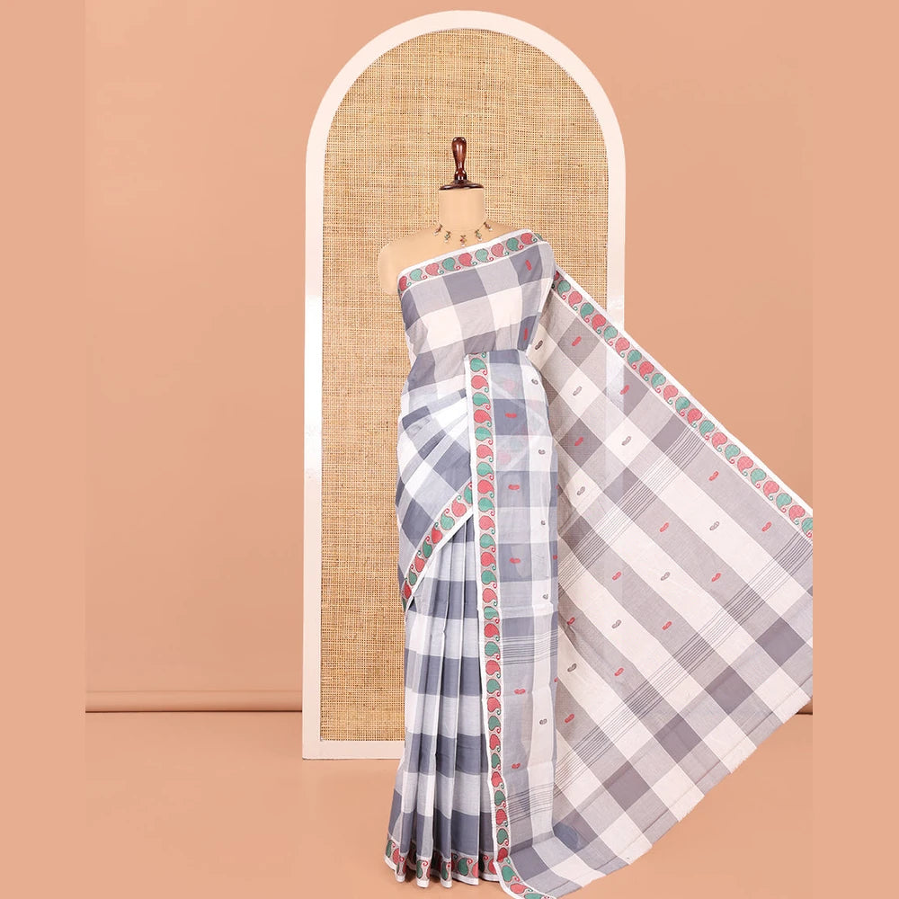 Pothys White-Grey Checked Chettinad Cotton Saree, Adorned with Buttas, Thread-Woven Border, a Self-Pallu, and No Blouse
