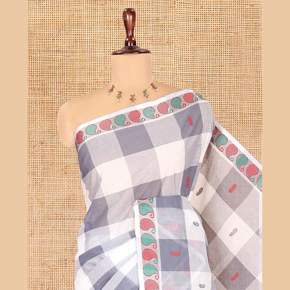 Pothys White-Grey Checked Chettinad Cotton Saree, Adorned with Buttas, Thread-Woven Border, a Self-Pallu, and No Blouse