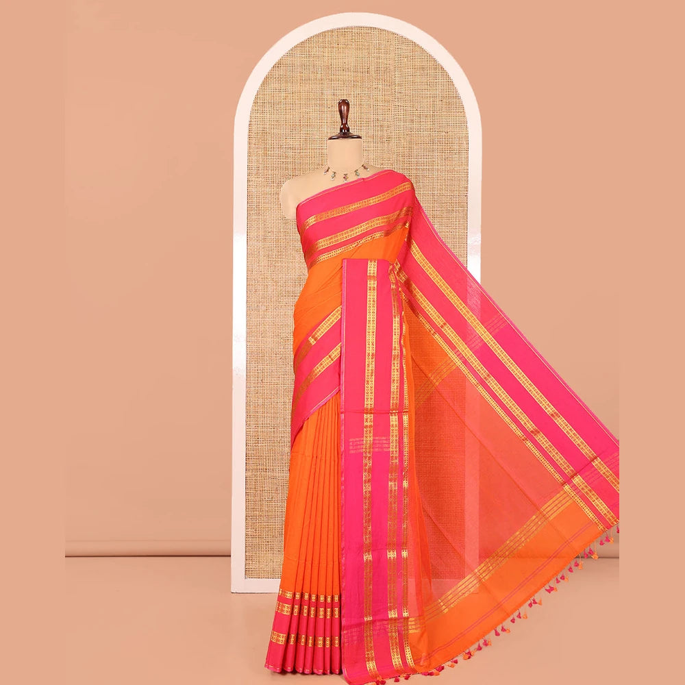 Pothys Orange Plain Khadi Mul Cotton Saree, Complemented by a Contrast Traditional Zari Design Border, a Self-Pallu, and a Matching Blouse