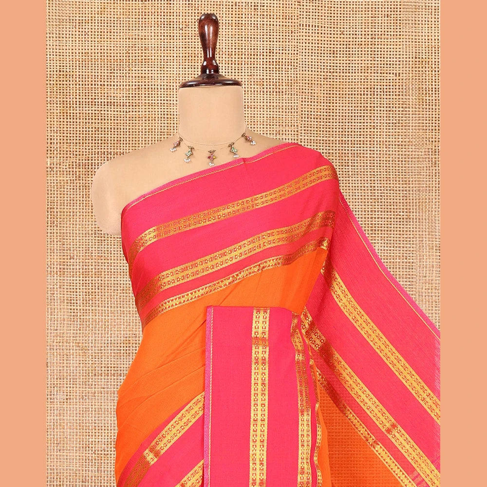 Pothys Orange Plain Khadi Mul Cotton Saree, Complemented by a Contrast Traditional Zari Design Border, a Self-Pallu, and a Matching Blouse