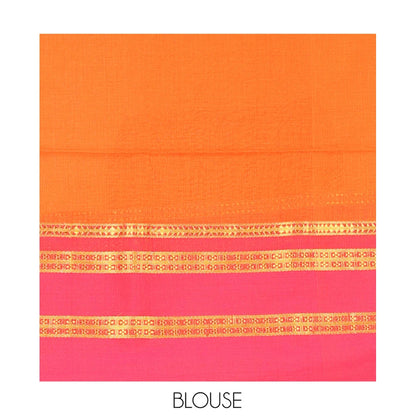 Pothys Orange Plain Khadi Mul Cotton Saree, Complemented by a Contrast Traditional Zari Design Border, a Self-Pallu, and a Matching Blouse