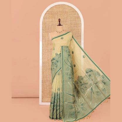 Pothys Green Munga Cotton Saree, Beautified with Floral Buttas, a Contrast Floral-Bird Printed Border, and a Matching Blouse