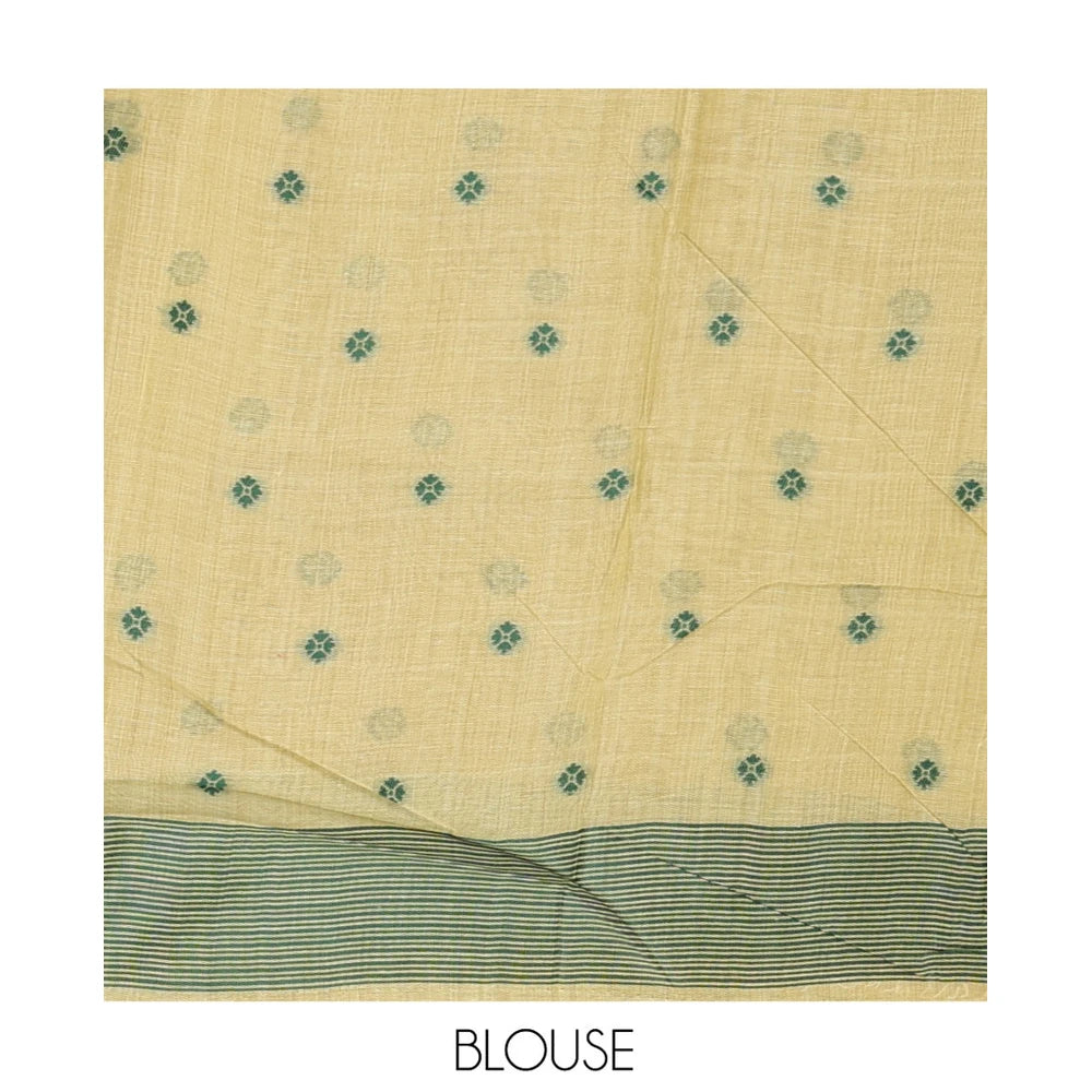 Pothys Green Munga Cotton Saree, Beautified with Floral Buttas, a Contrast Floral-Bird Printed Border, and a Matching Blouse