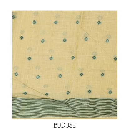 Pothys Green Munga Cotton Saree, Beautified with Floral Buttas, a Contrast Floral-Bird Printed Border, and a Matching Blouse