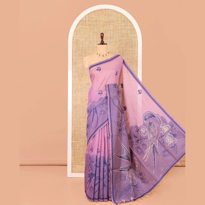 Pothys Lavender Munga Cotton Saree, Beautified with Floral Buttas, a Contrast Floral-Bird Printed Border, and a Matching Blouse