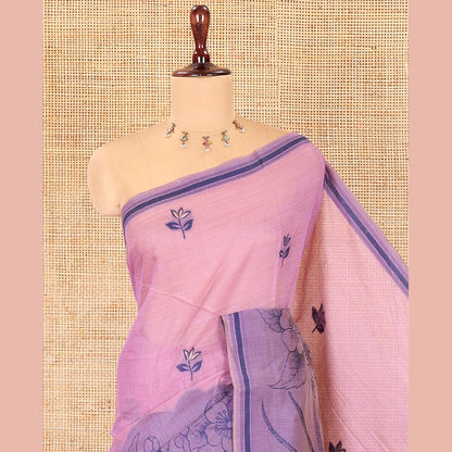 Pothys Lavender Munga Cotton Saree, Beautified with Floral Buttas, a Contrast Floral-Bird Printed Border, and a Matching Blouse