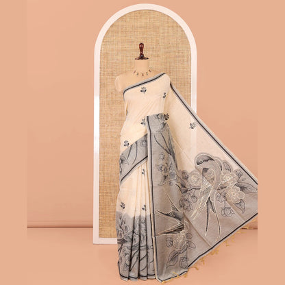 Pothys Grey Munga Cotton Saree, Beautified with Floral Buttas, a Contrast Floral-Bird Printed Border, and a Matching Blouse