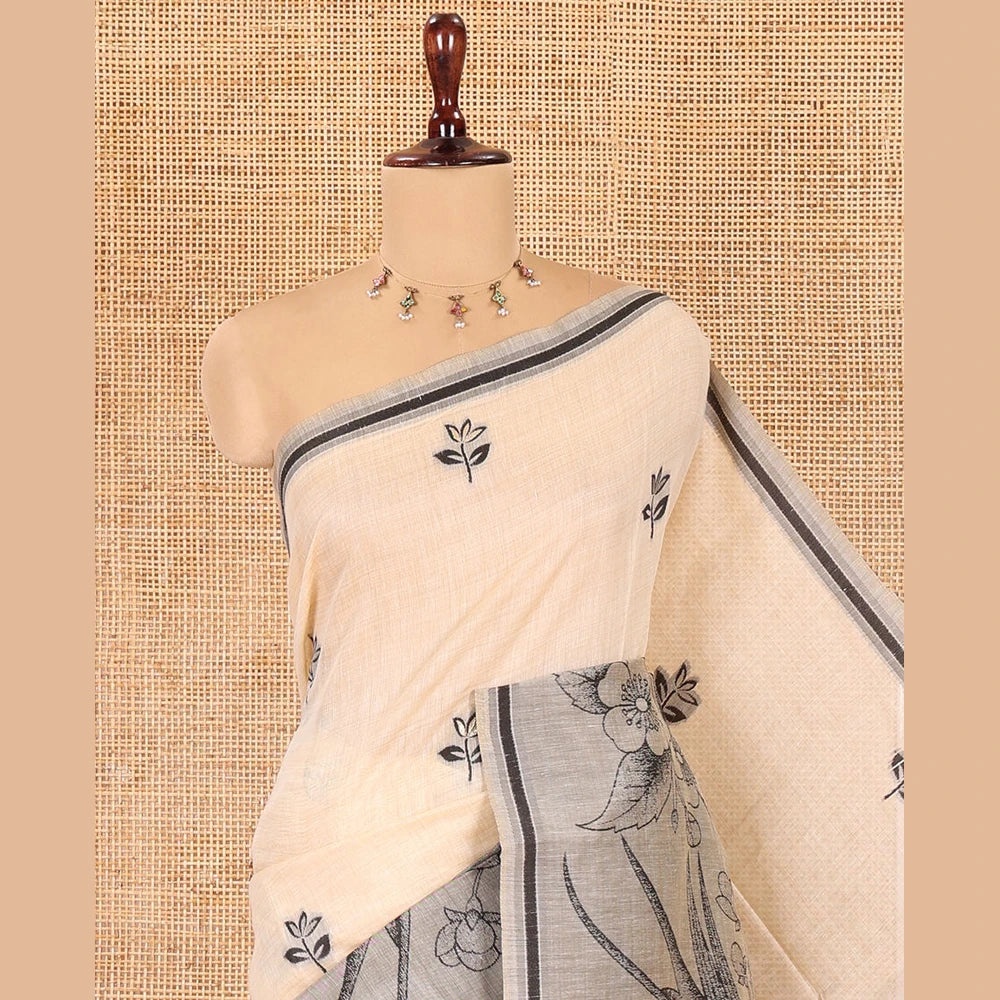 Pothys Grey Munga Cotton Saree, Beautified with Floral Buttas, a Contrast Floral-Bird Printed Border, and a Matching Blouse