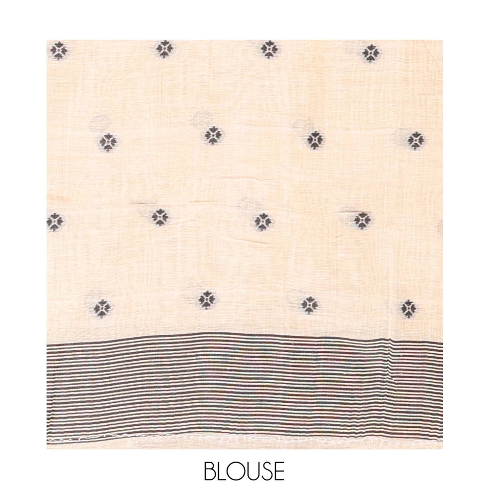 Pothys Grey Munga Cotton Saree, Beautified with Floral Buttas, a Contrast Floral-Bird Printed Border, and a Matching Blouse