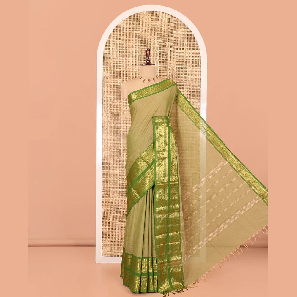 Pothys Green Plain Chettinad Cotton Saree, a Contrast Traditional Rettai Pettu Temple Border, Striped Palu, and a Matching Blouse