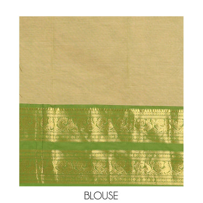 Pothys Green Plain Chettinad Cotton Saree, a Contrast Traditional Rettai Pettu Temple Border, Striped Palu, and a Matching Blouse