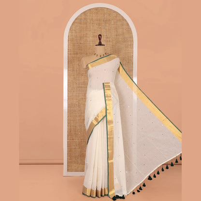 Pothys Cream Khadi Mul Cotton Saree, Gleamed Up with Sequined Work, Contrast Gold Zari Border, a Self-Pallu, and a Matching Blouse