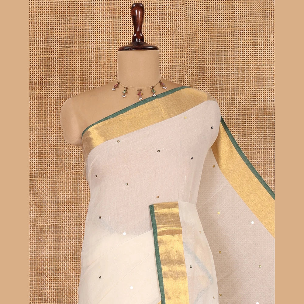 Pothys Cream Khadi Mul Cotton Saree, Gleamed Up with Sequined Work, Contrast Gold Zari Border, a Self-Pallu, and a Matching Blouse