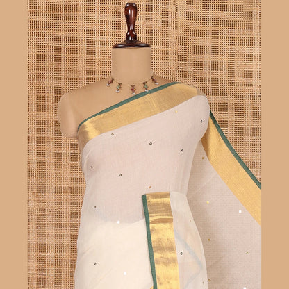 Pothys Cream Khadi Mul Cotton Saree, Gleamed Up with Sequined Work, Contrast Gold Zari Border, a Self-Pallu, and a Matching Blouse