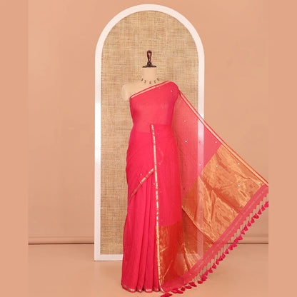 Pothys Rani Pink Khadi Mul Cotton Saree, Enthralled with Sequined Work, a Subtle Piping Border, Golden Pallu, and a Matching Blouse