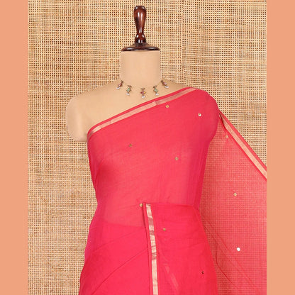 Pothys Rani Pink Khadi Mul Cotton Saree, Enthralled with Sequined Work, a Subtle Piping Border, Golden Pallu, and a Matching Blouse