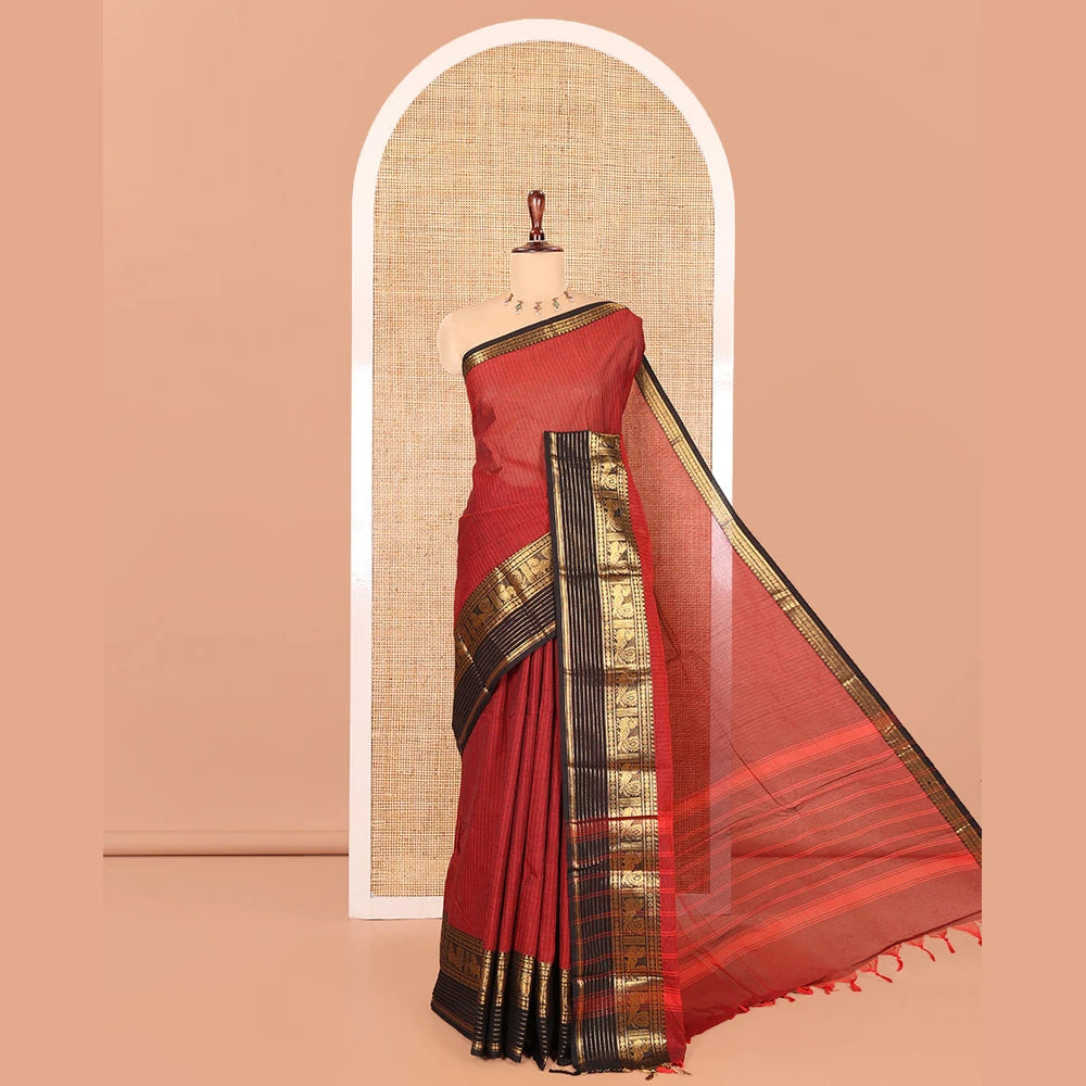 Pothys Maroon Striped Chettinad Cotton Saree, Complemented by a Contrast Traditional Temple Border, Striped Pallu, and a Matching Blouse