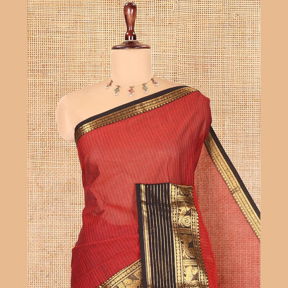 Pothys Maroon Striped Chettinad Cotton Saree, Complemented by a Contrast Traditional Temple Border, Striped Pallu, and a Matching Blouse