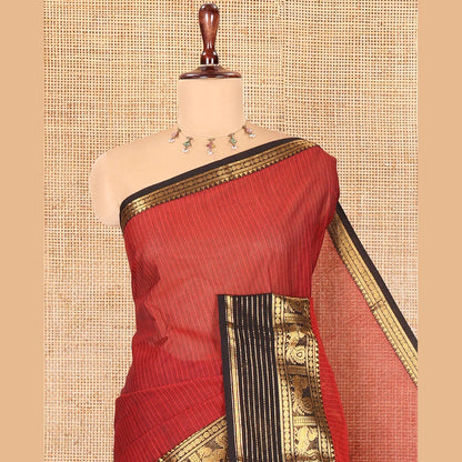Pothys Maroon Striped Chettinad Cotton Saree, Complemented by a Contrast Traditional Temple Border, Striped Pallu, and a Matching Blouse