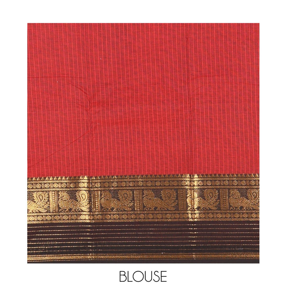 Pothys Maroon Striped Chettinad Cotton Saree, Complemented by a Contrast Traditional Temple Border, Striped Pallu, and a Matching Blouse